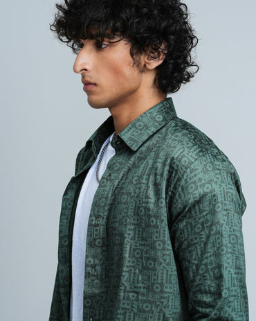 MEN'S GREEN GEOMETRIC PRINTED SATIN SHIRT