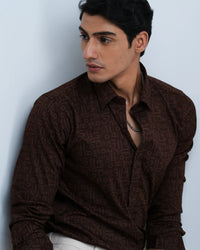BROWN GEOMETRIC PRINTED FORMAL SHIRT